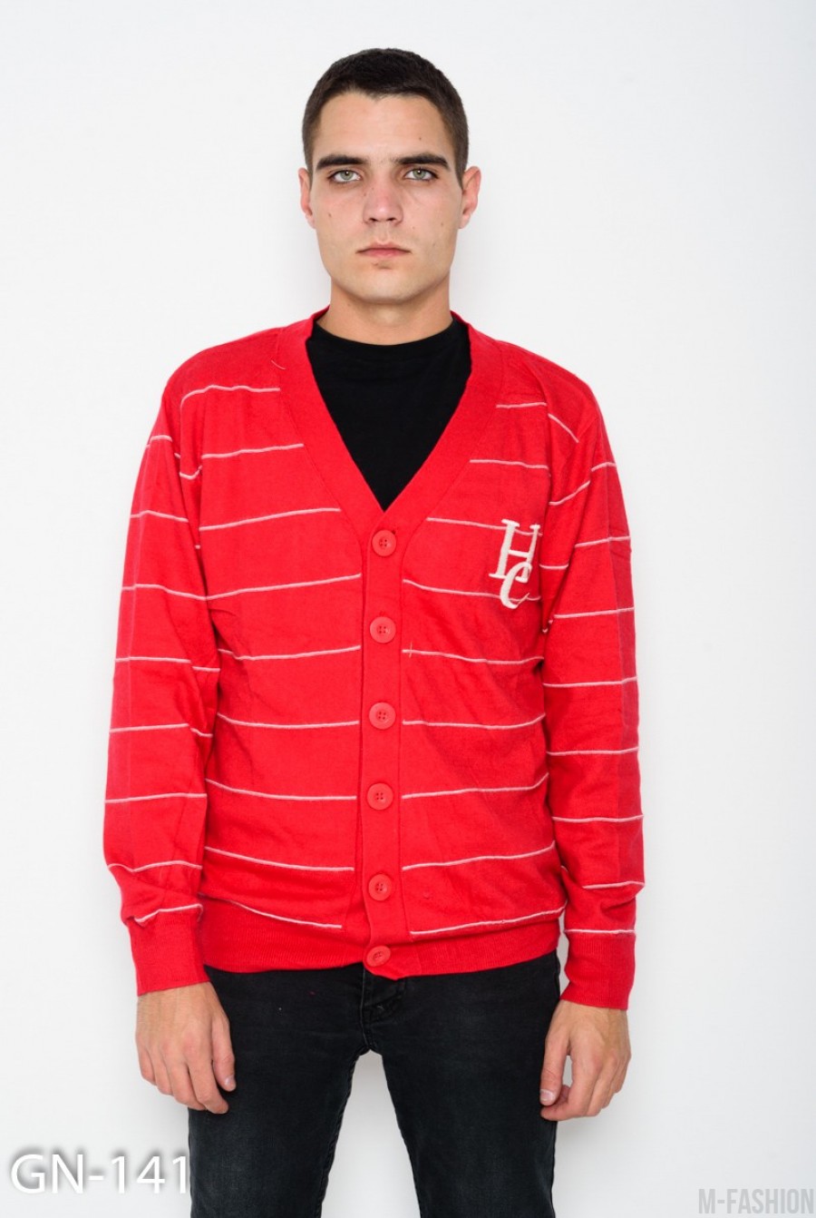 Красный ангоровый свитер с пуговицами и глубоким V-образным вырезом - Фото 1