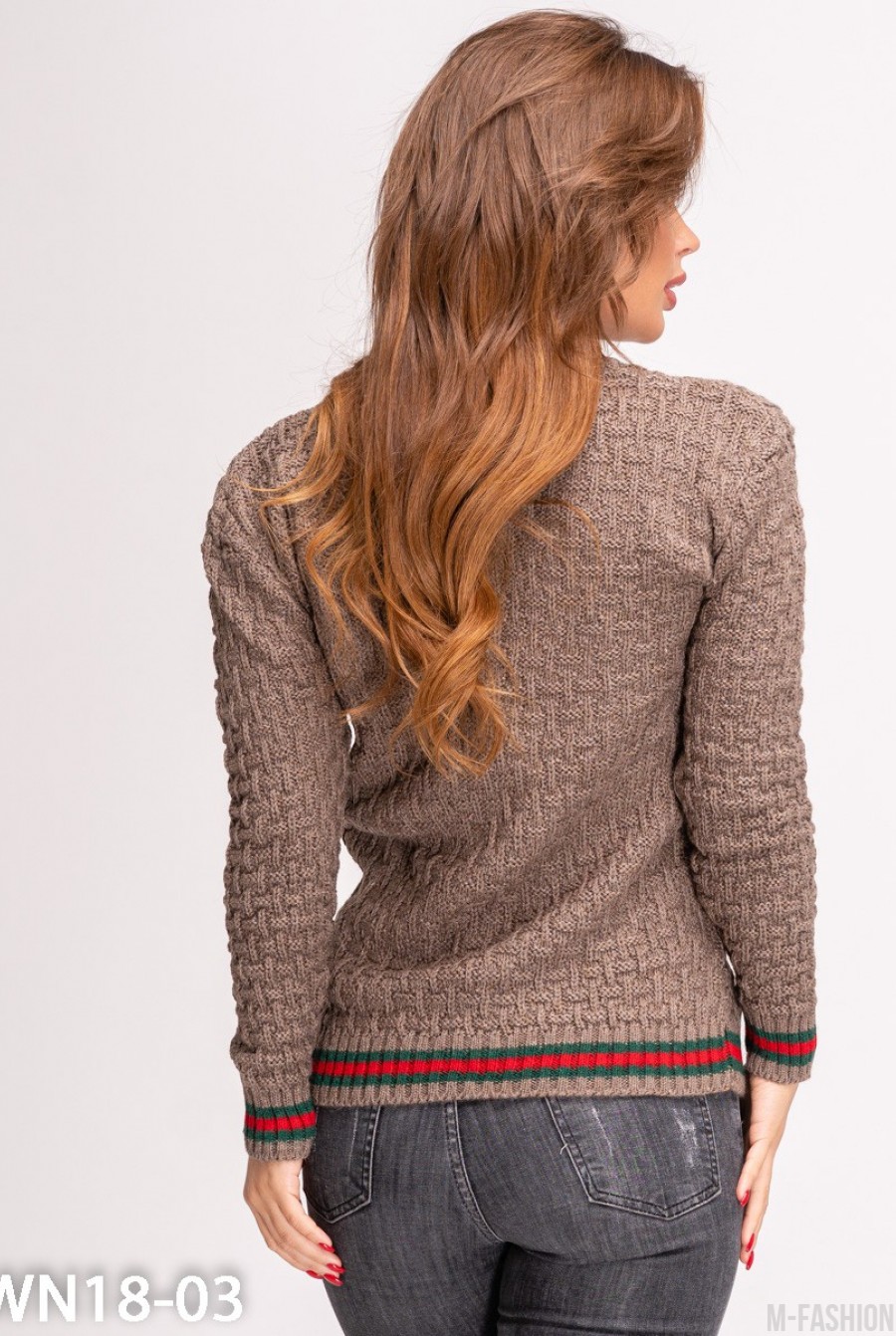 Коричневый шерстяной вязаный свитер с полосками и брошью- Фото 3