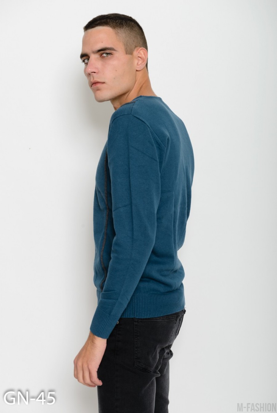 Бирюзовый шерстяной тонкий свитер с V-образной горловиной декорированной пуговицами- Фото 2