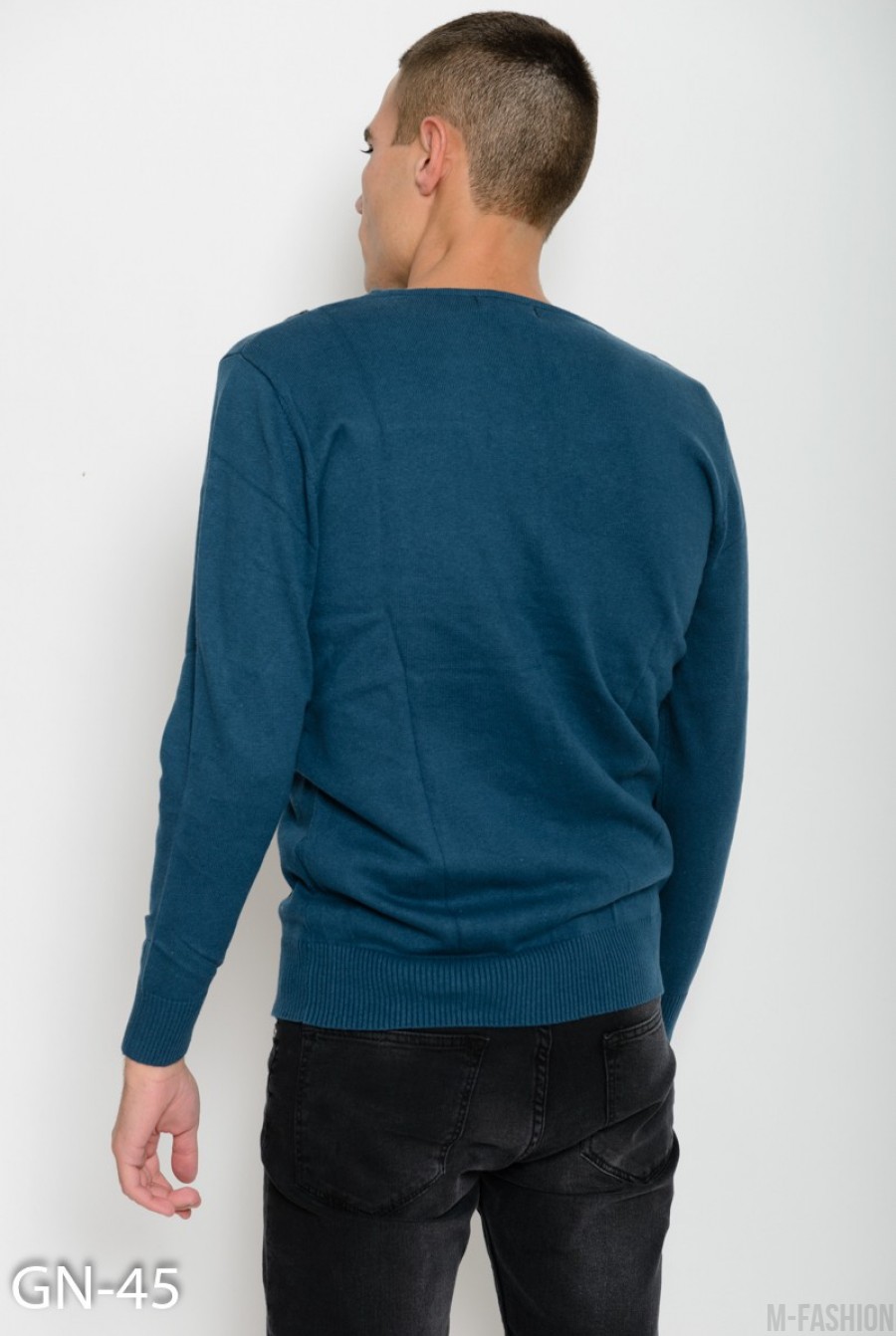 Бирюзовый шерстяной тонкий свитер с V-образной горловиной декорированной пуговицами- Фото 3