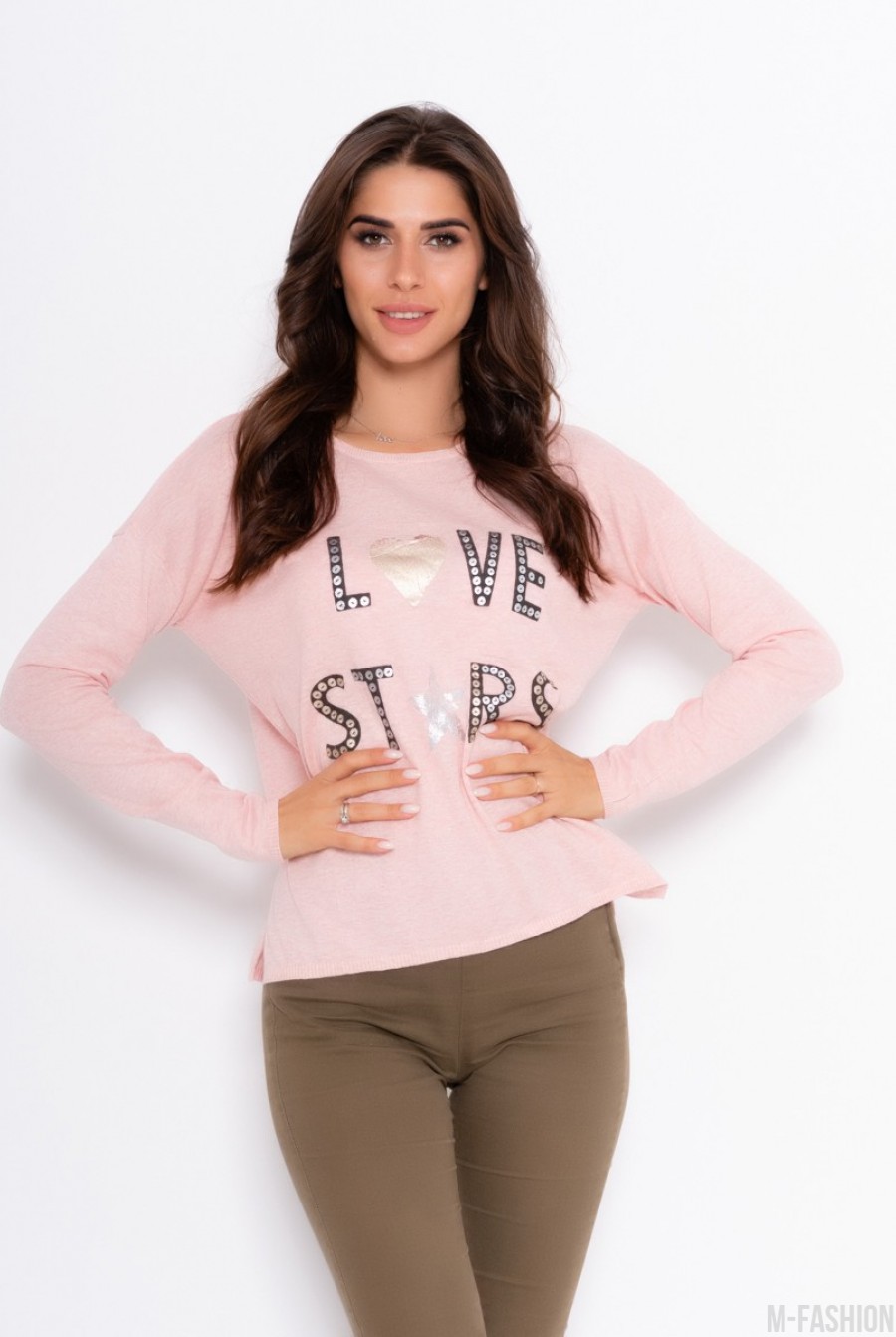 Меланжево-розовый тонкий свитер с надписью - Фото 1