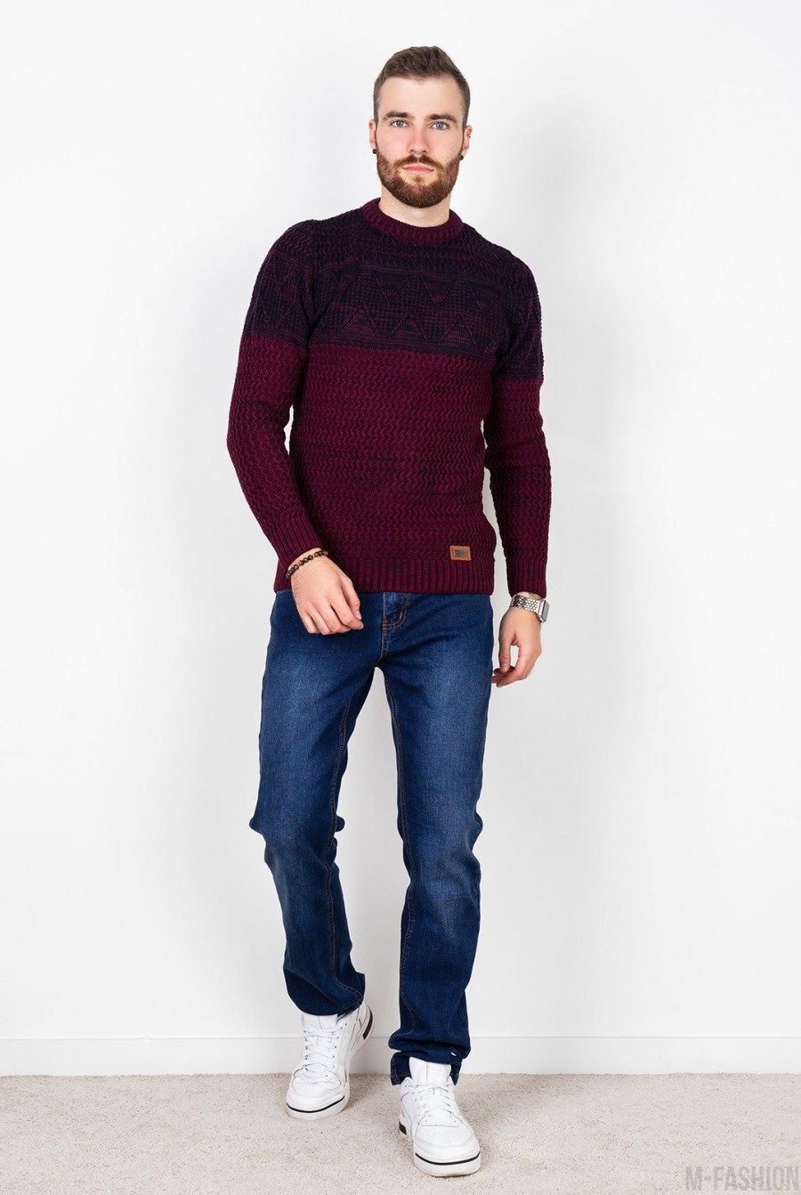 Бордовый шерстяной свитер комбинированной вязки - Фото 1
