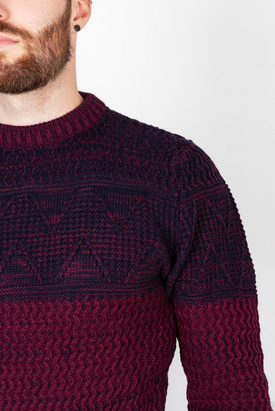 Бордовый шерстяной свитер комбинированной вязки- Фото 4