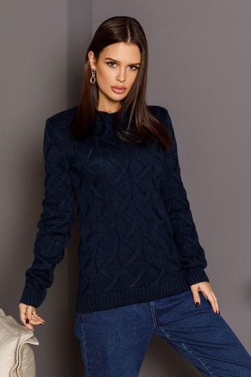 Синий шерстяной свитер объемной комбинированной вязки
