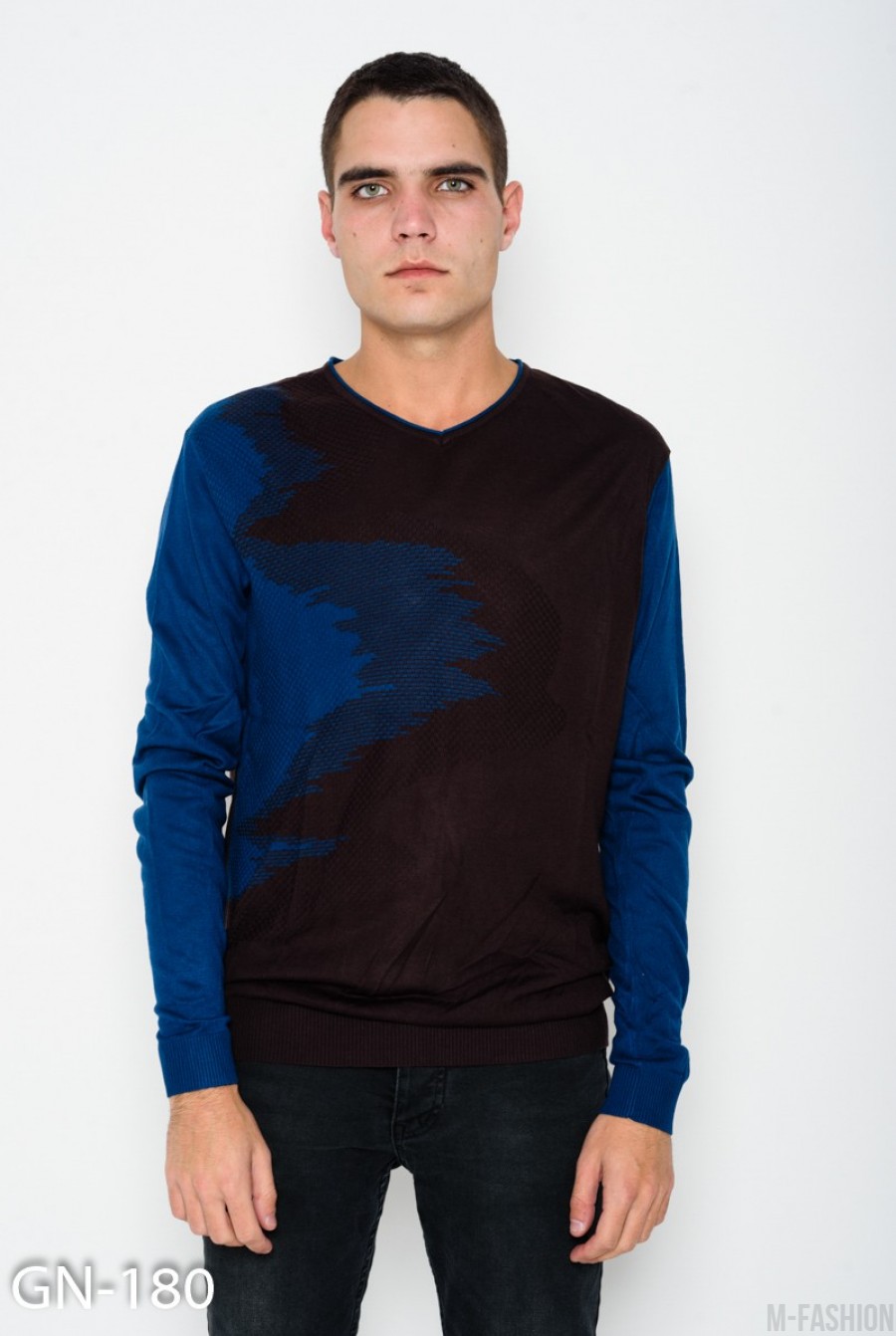 Тонкий черно-синий свитер с фактурным декором - Фото 1