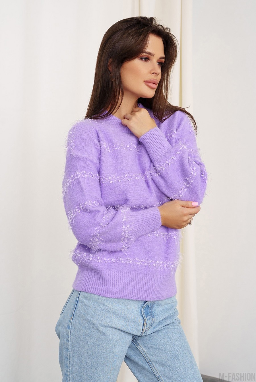 Сиреневый свитер-травка с полосатым декором- Фото 2