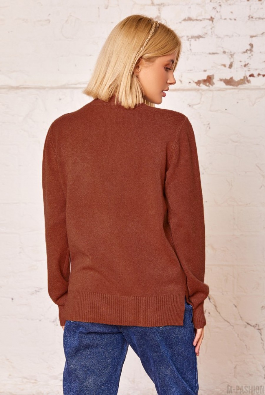 Терракотовый ангоровый свитер с накладным карманом- Фото 3