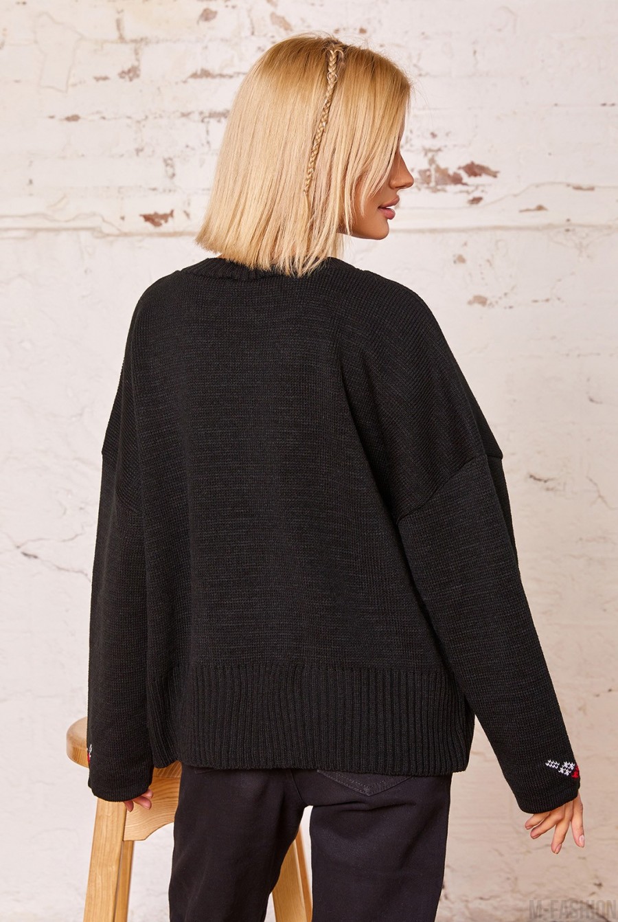 Черный вязаный свитер с этническим узором- Фото 3