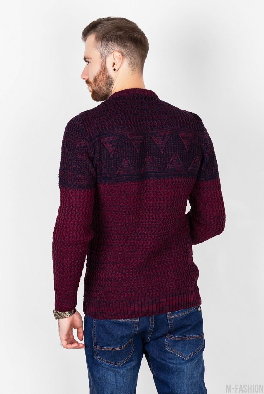 Бордовый шерстяной свитер комбинированной вязки- Фото 3