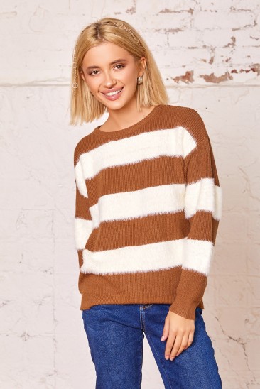 Коричневый комбинированный полосатый свитер