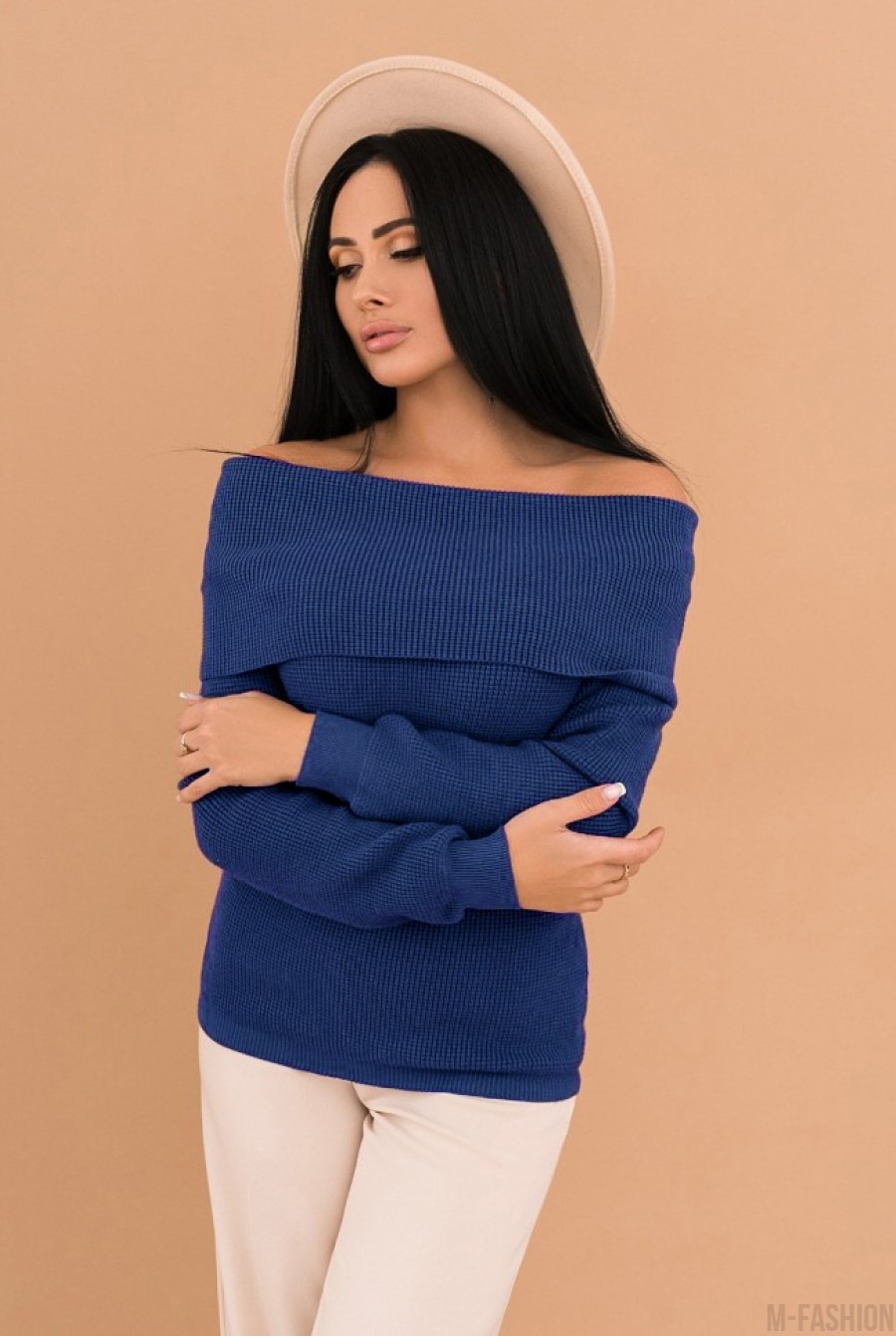 Синий ангоровый вязаный свитер с отворотом - Фото 1