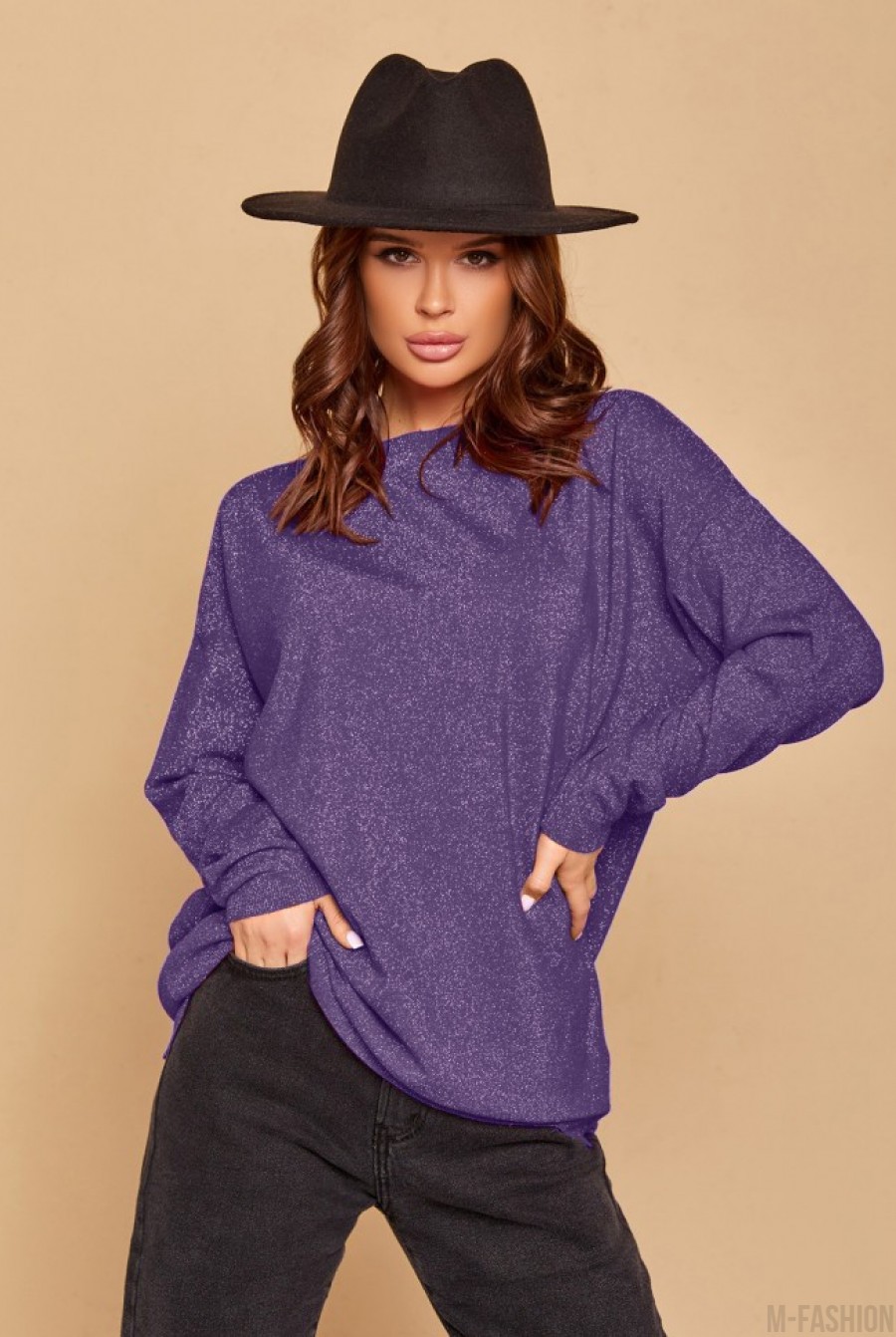 Фиолетовый свободный свитер с люрексом - Фото 1