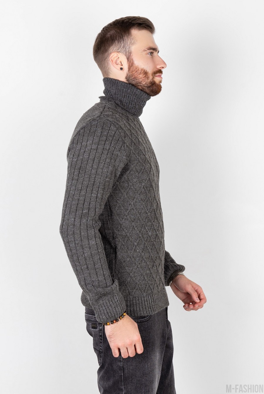 Серый шерстяной свитер с вязаными ромбами- Фото 2