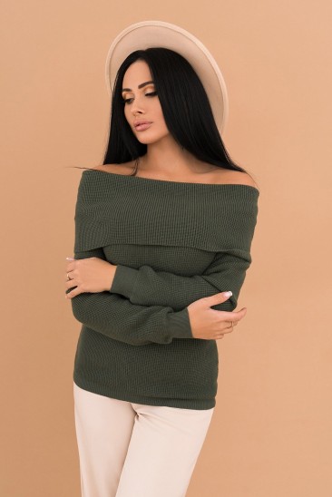 Ангоровый вязаный свитер цвета хаки с отворотом