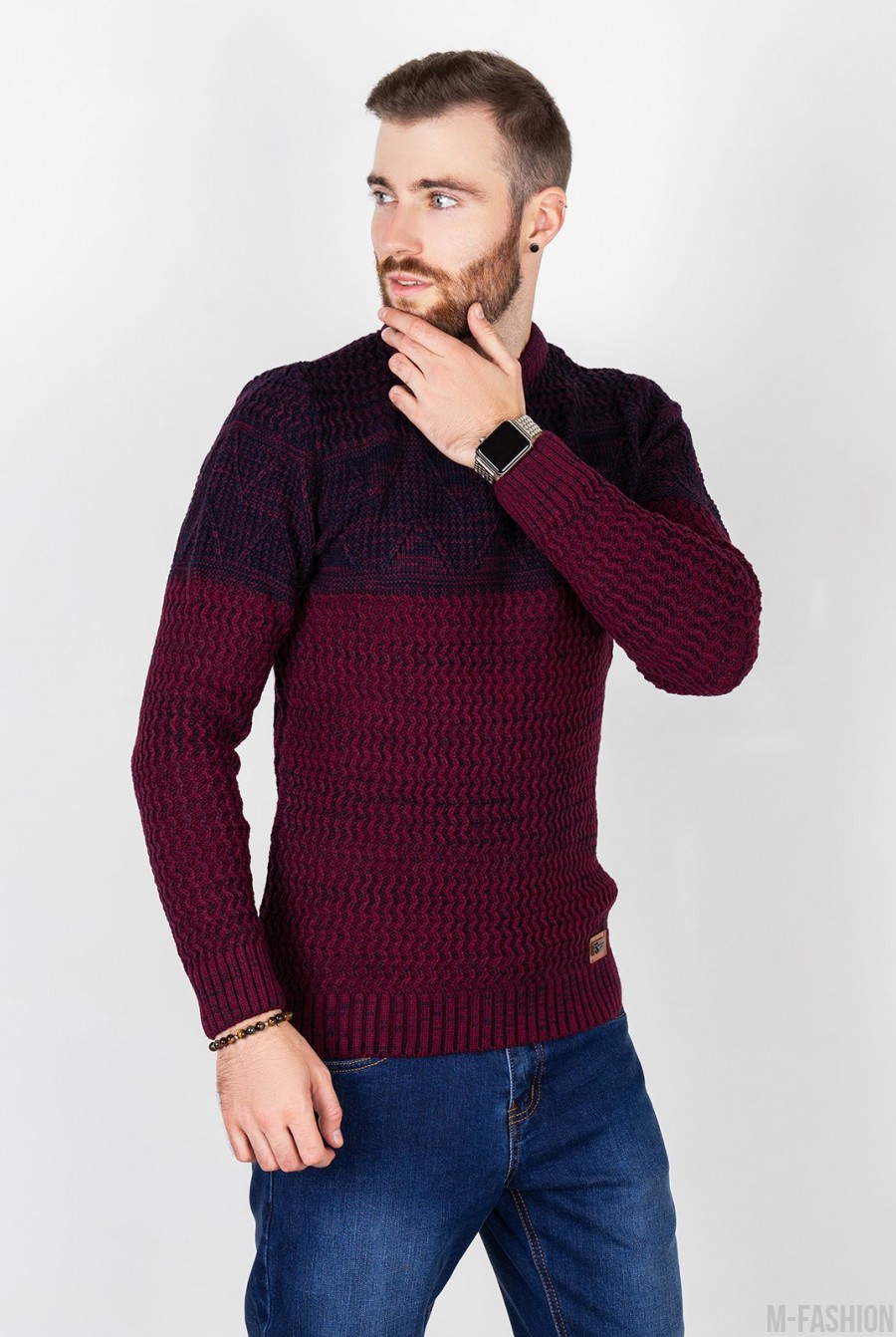 Бордовый шерстяной свитер комбинированной вязки- Фото 2