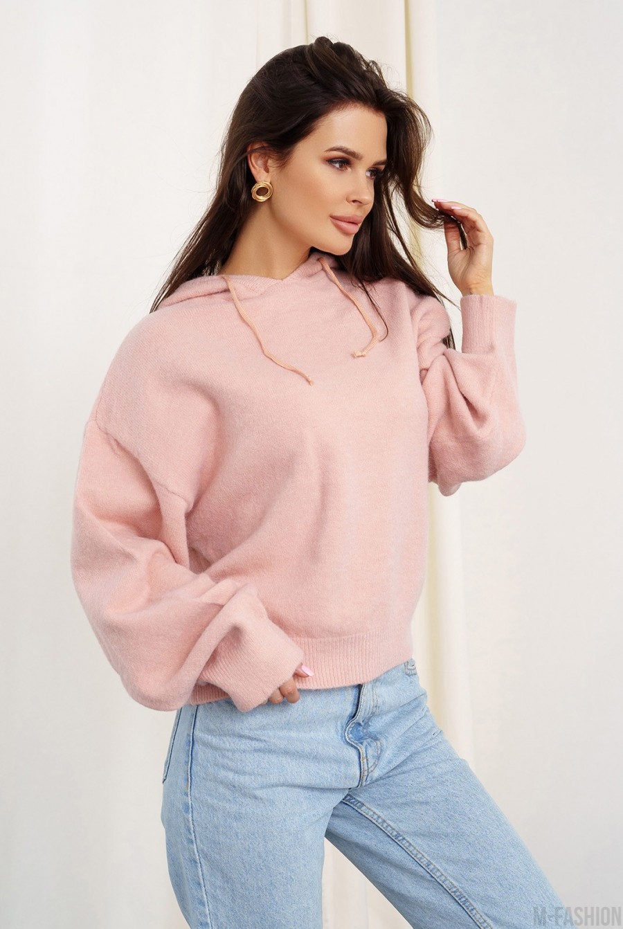 Розовый ангоровый свитер с капюшоном- Фото 2