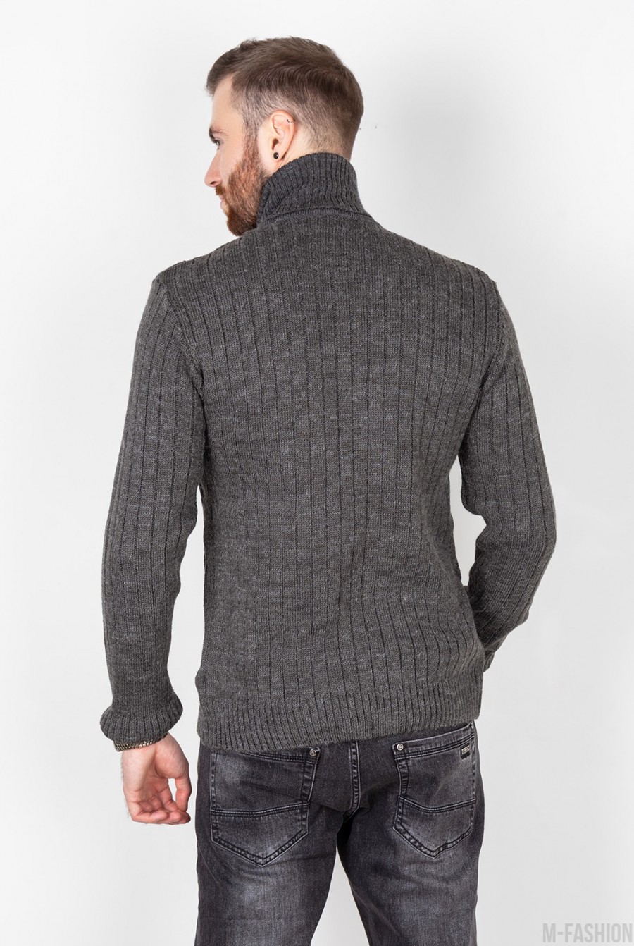 Серый шерстяной свитер с вязаными ромбами- Фото 3