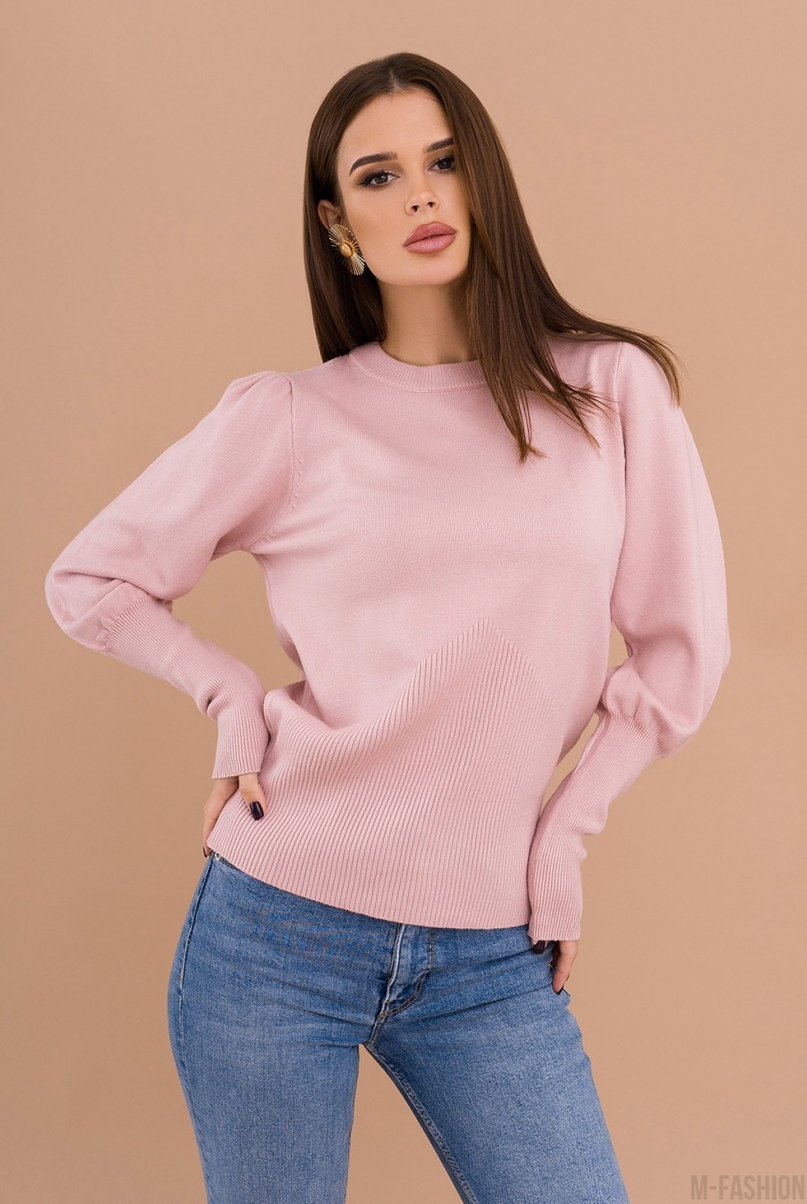 Розовый шерстяной свитер с эластичными вставками - Фото 1