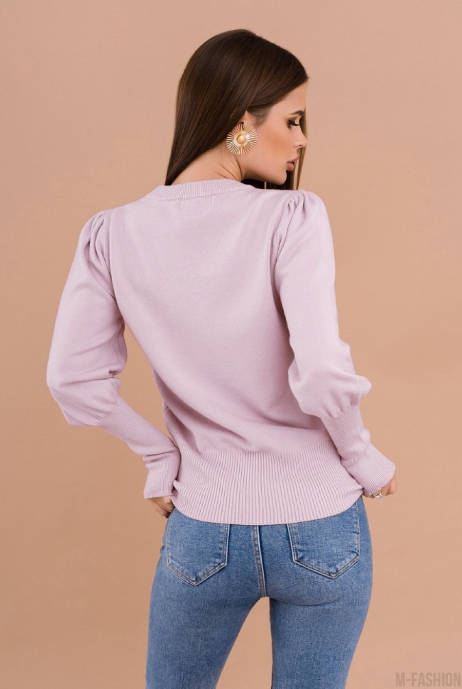 Светло-сиреневый шерстяной свитер с эластичными вставками- Фото 3