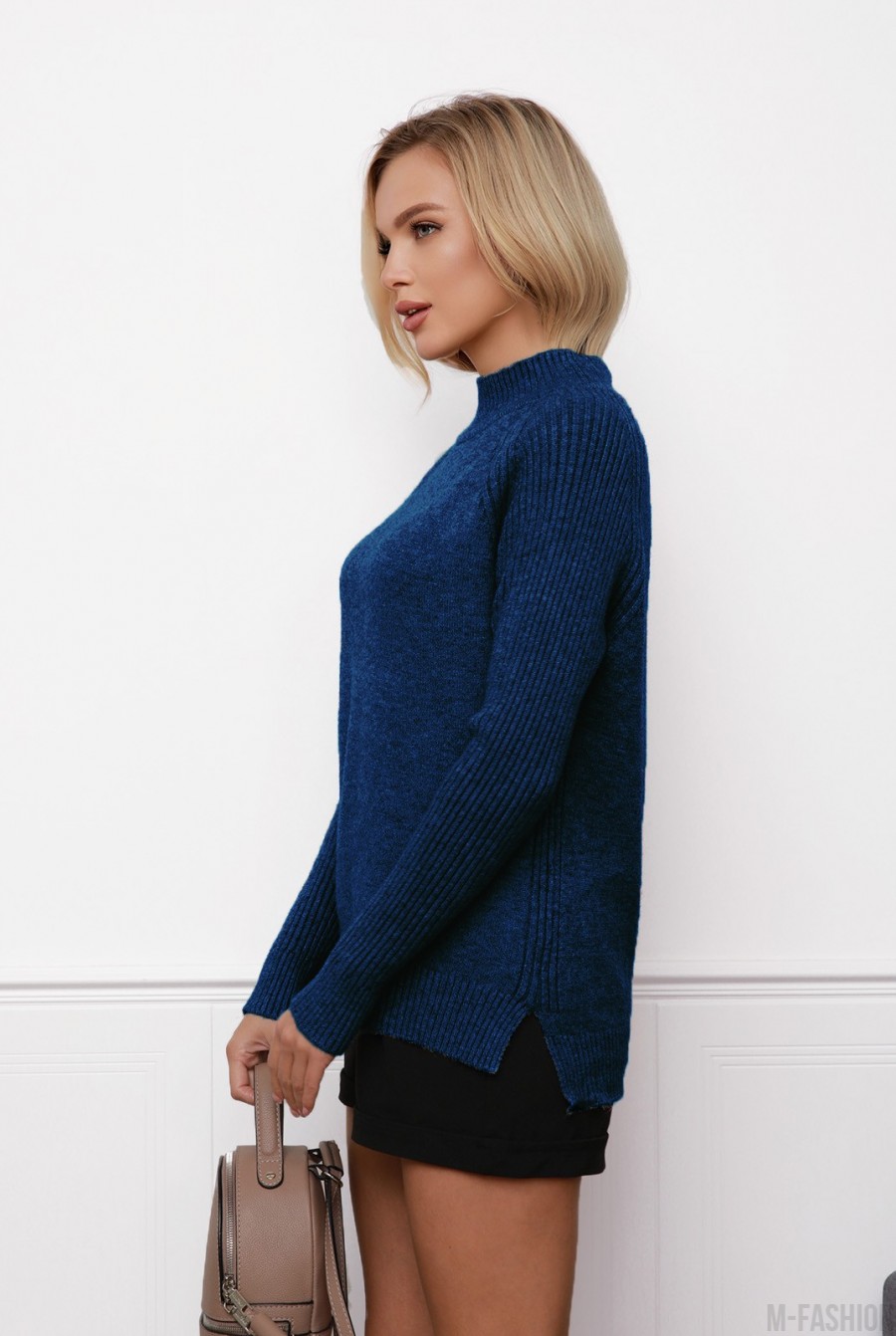 Синий шерстяной свитер с фактурными вставками- Фото 2