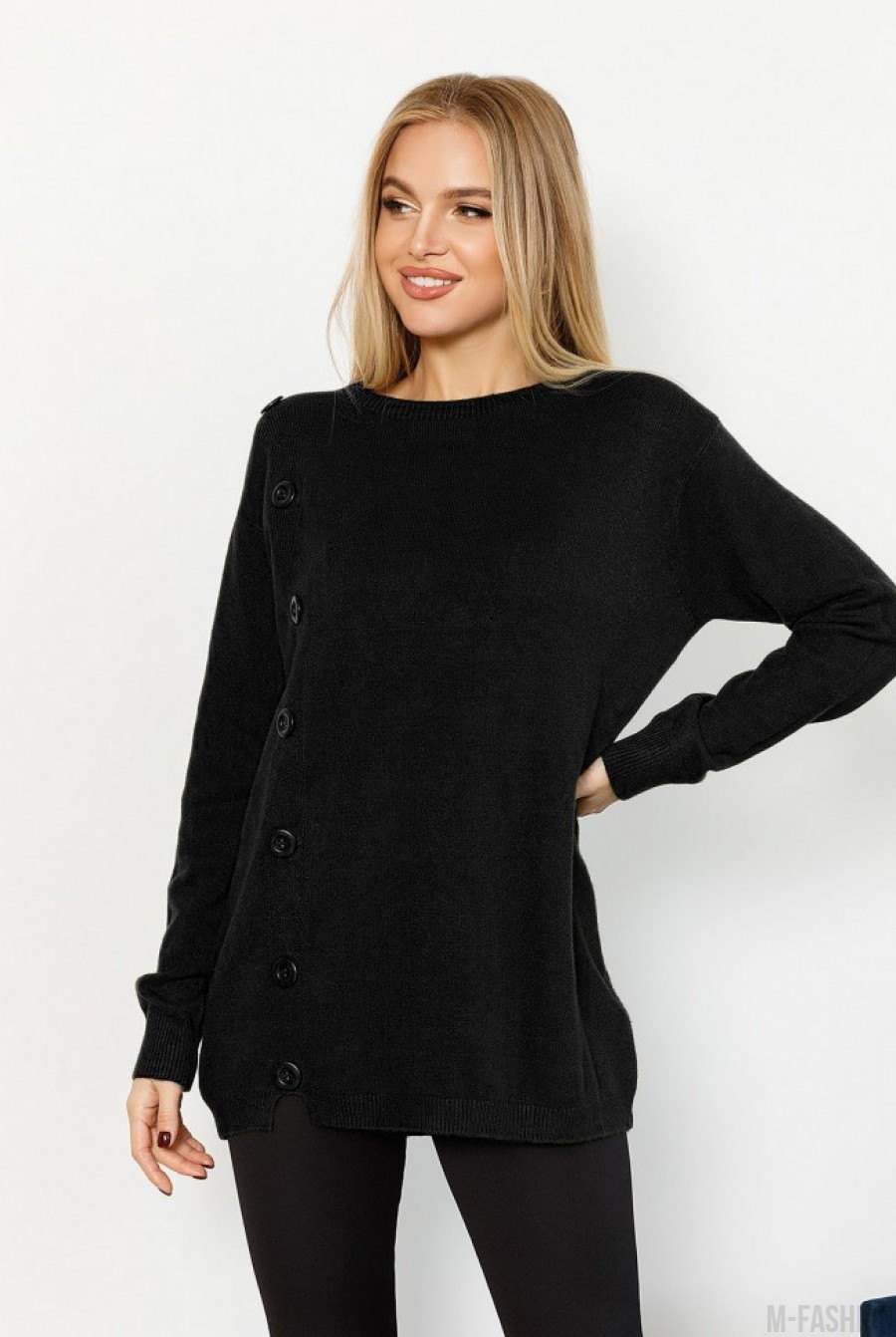 Черный ангоровый свитер декорированный пуговицами- Фото 2