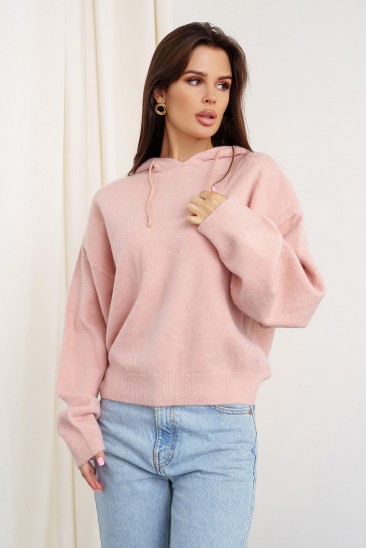 Розовый ангоровый свитер с капюшоном