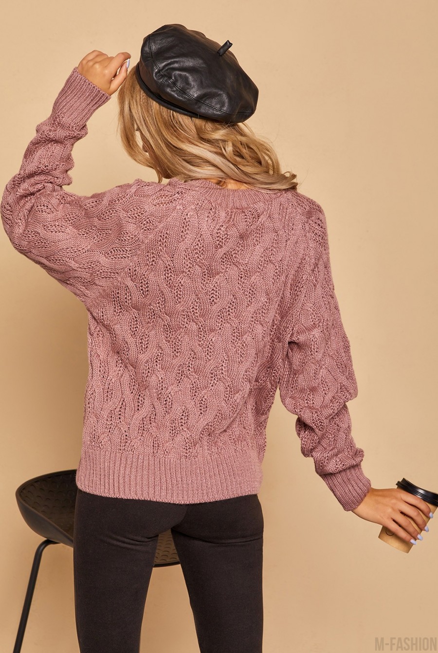 Розовый шерстяной джемпер комбинированной вязки- Фото 3