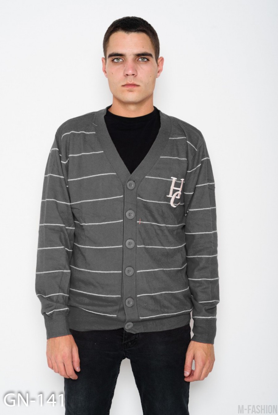 Серый ангоровый свитер с пуговицами и глубоким V-образным вырезом - Фото 1