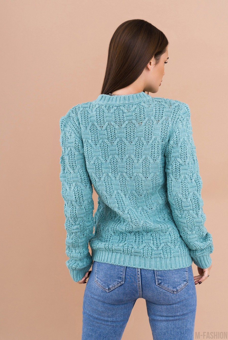 Бирюзовый шерстяной свитер с комбинированным узором- Фото 3