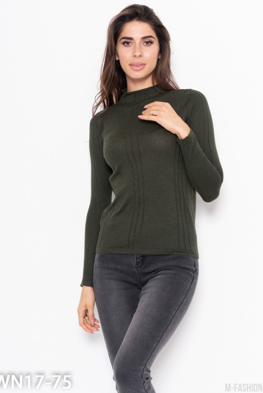 Зеленый тонкий свитер с высоким горлом - Фото 1
