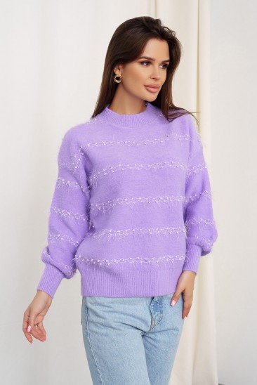 Сиреневый свитер-травка с полосатым декором