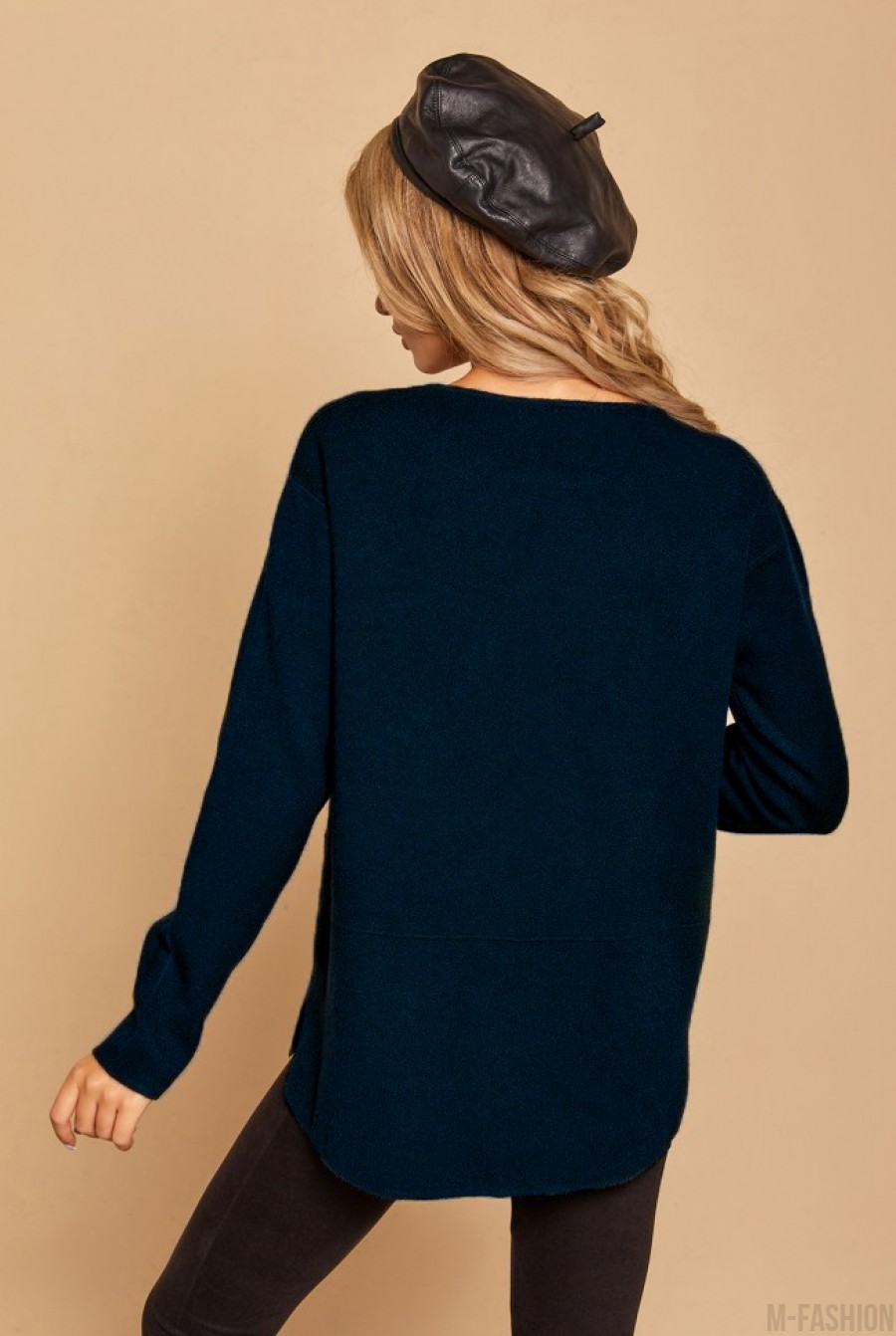 Темно-синий асимметричный свитер с карманами- Фото 3