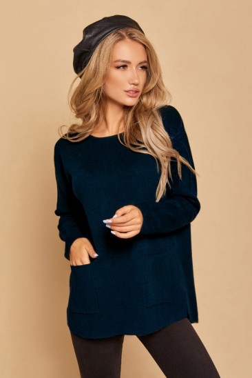 Темно-синий асимметричный свитер с карманами