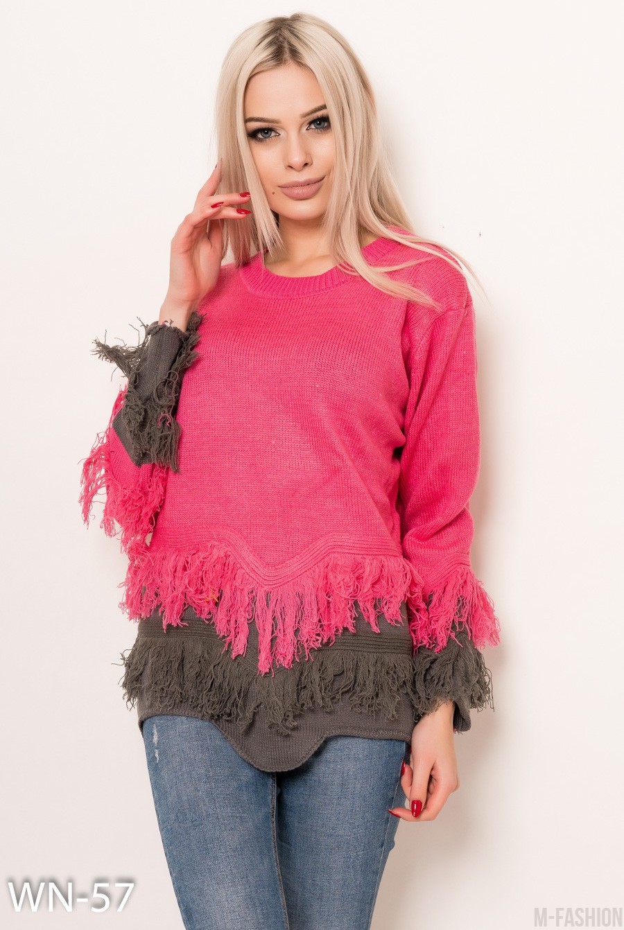 Розовый шерстяной свитер с бахромой - Фото 1