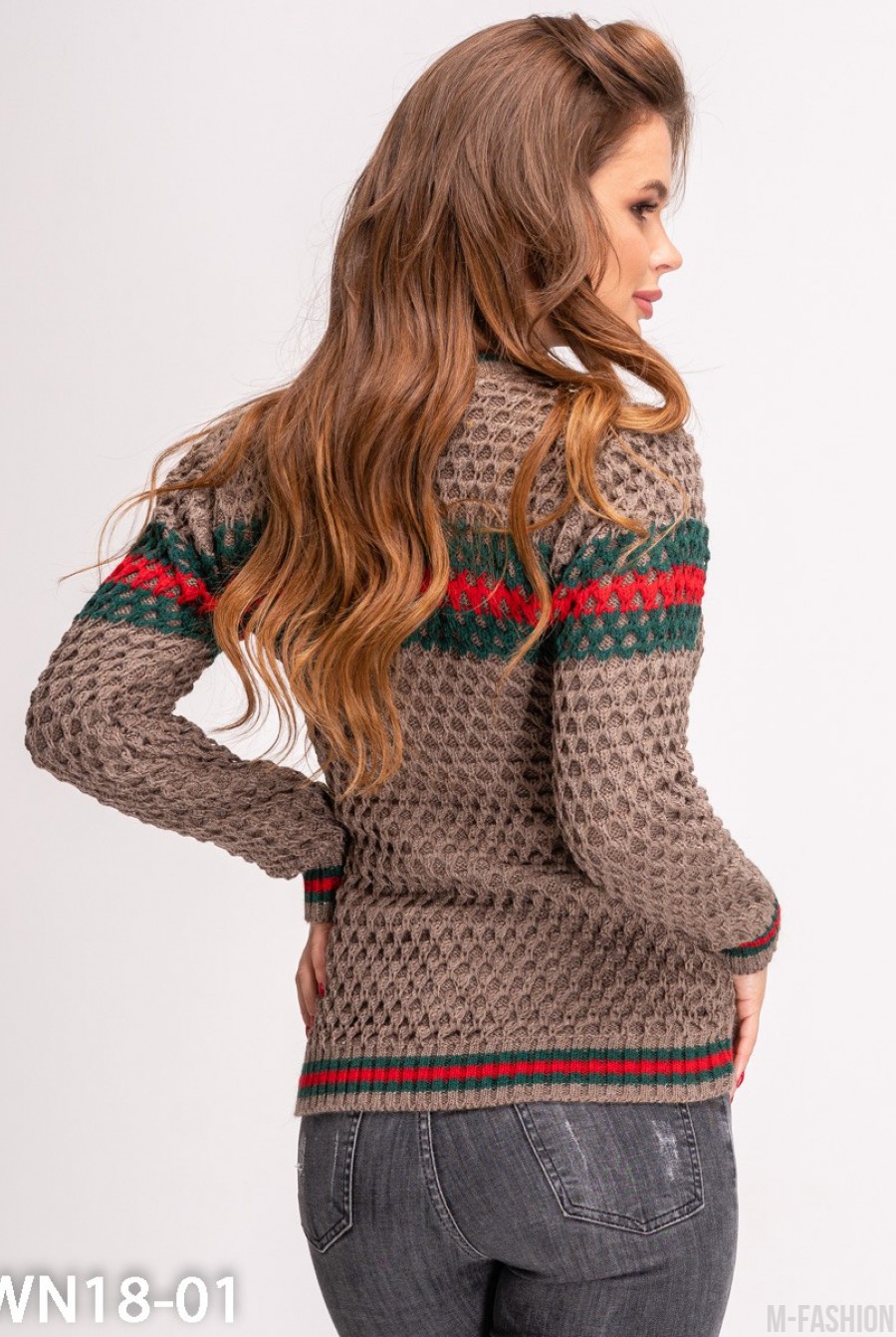 Коричневый шерстяной свитер объемной вязки с цветным декором- Фото 3