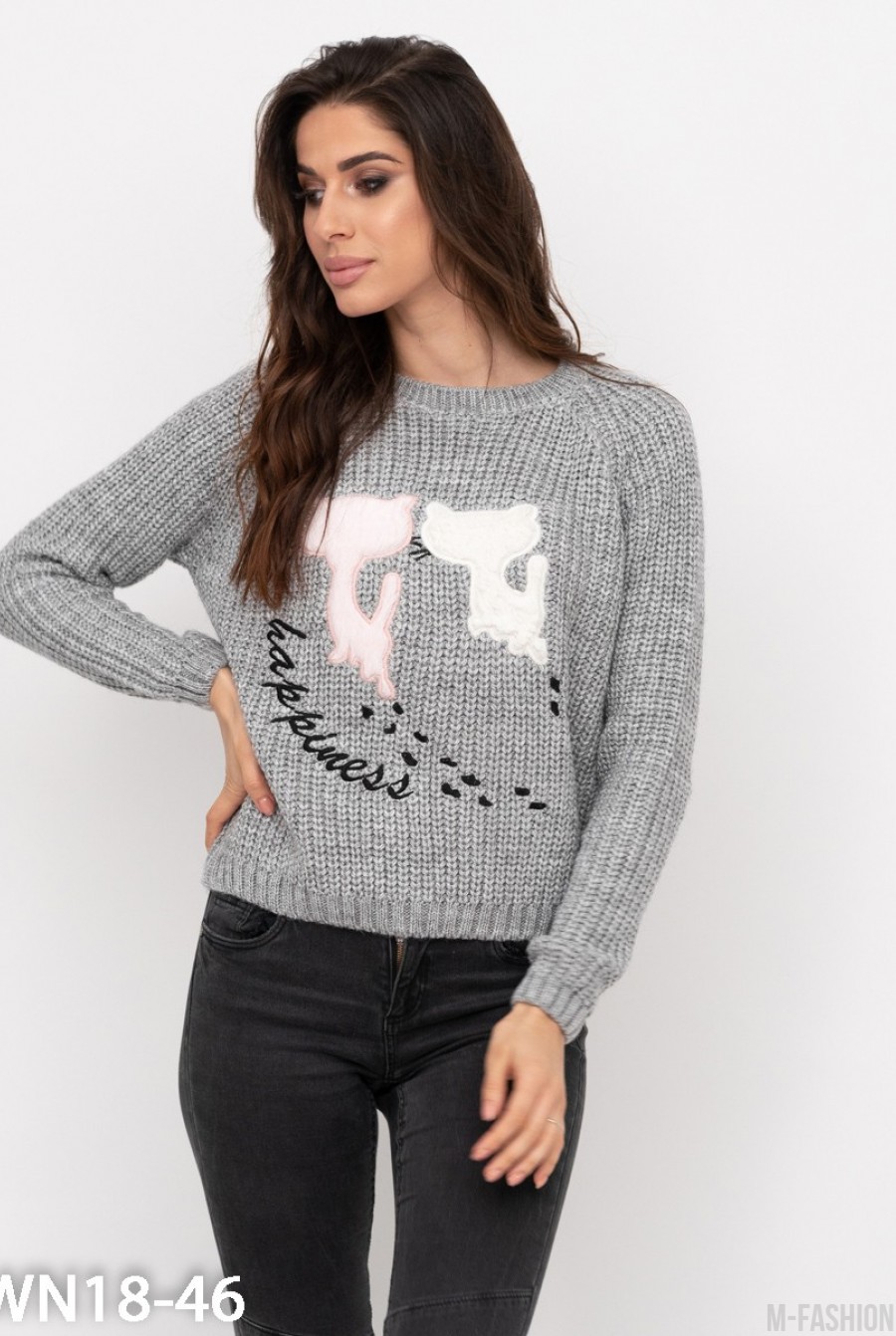 Серый шерстяной свитер объемной вязки с кошачьими нашивками - Фото 1