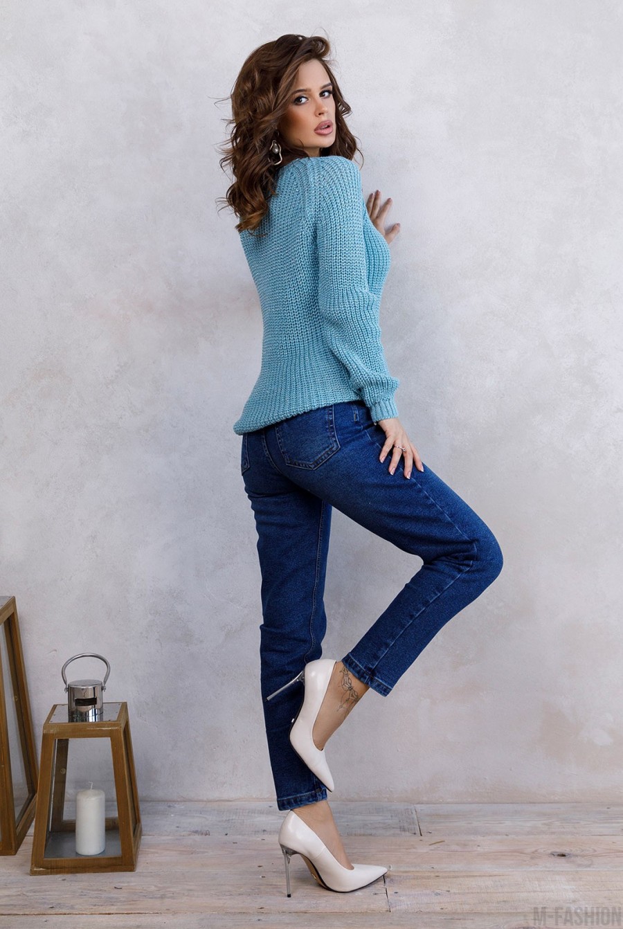 Голубой вязаный свитер из шерсти с люрексом- Фото 2