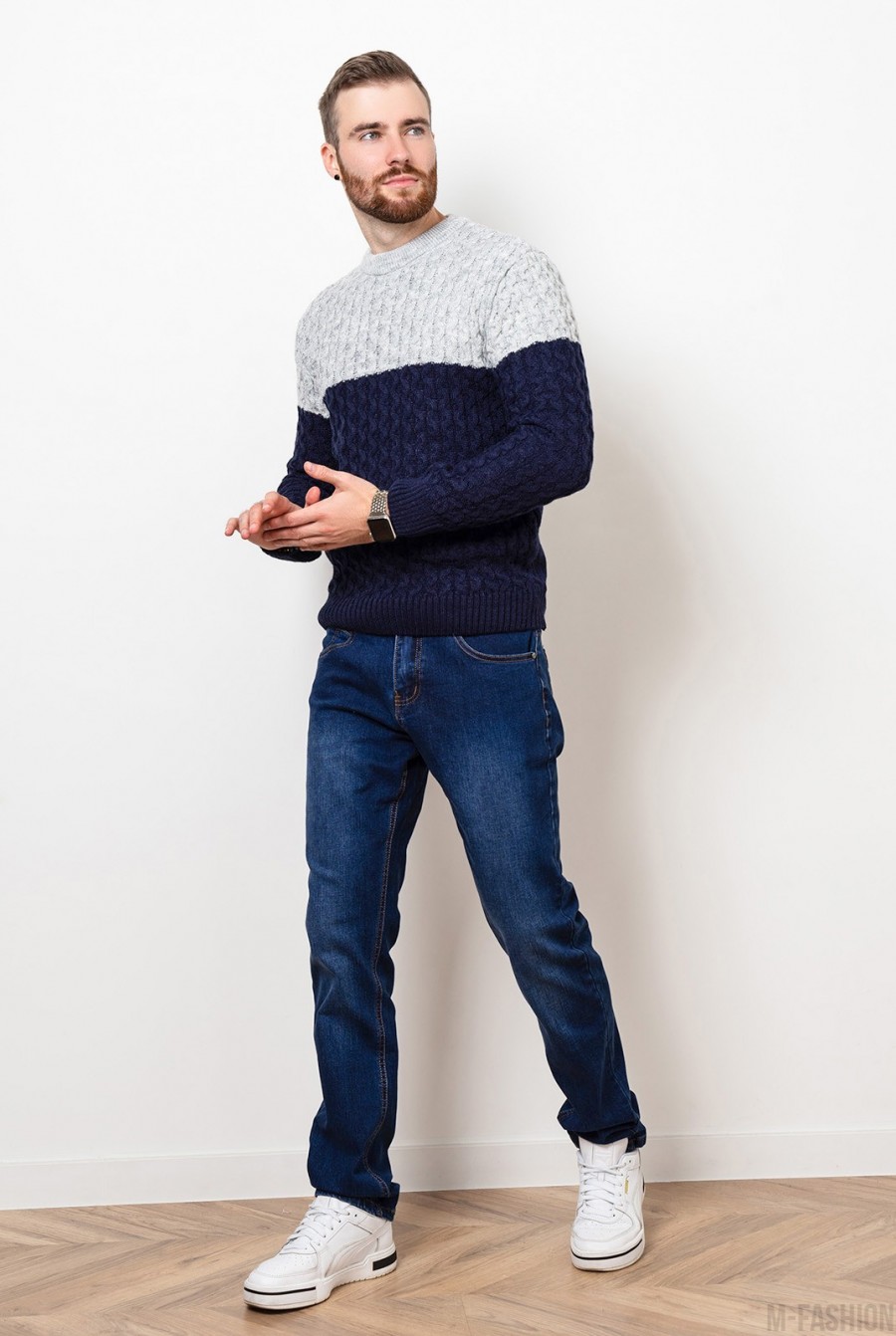 Серо-синий шерстяной вязаный свитер- Фото 4