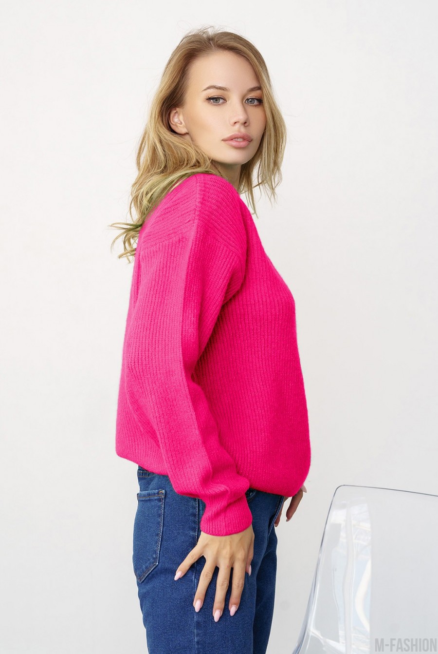 Малиновый шерстяной вязаный пуловер- Фото 2