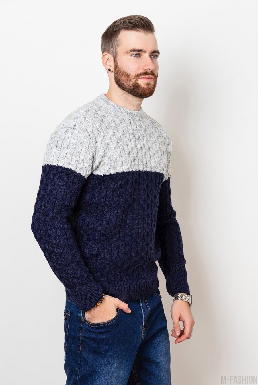 Серо-синий шерстяной вязаный свитер - Фото 1