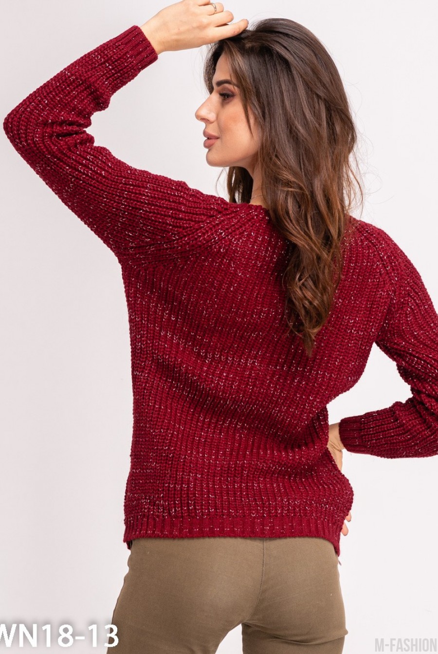 Бордовый свитер объемной вязки с люрексом- Фото 5