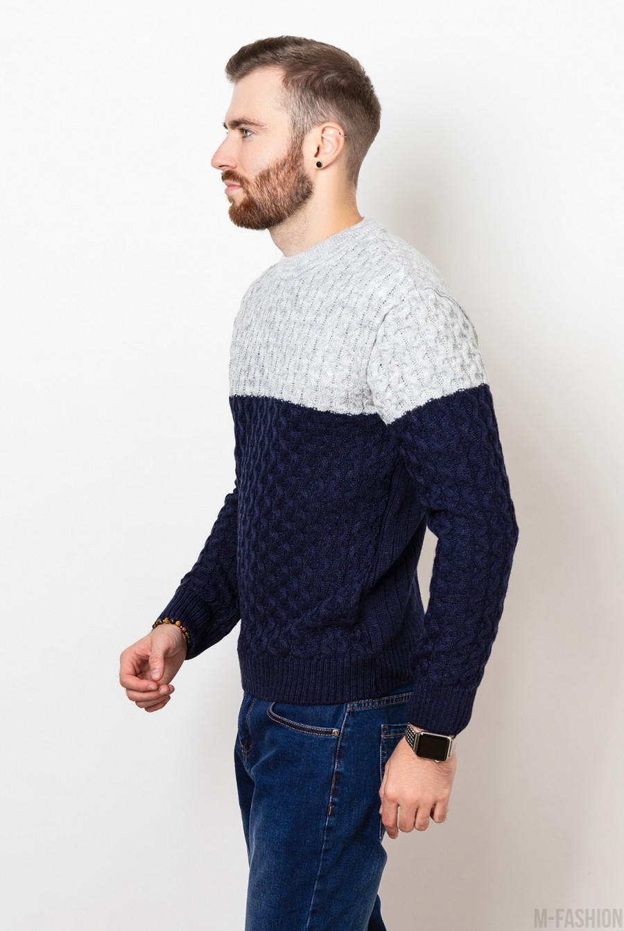 Серо-синий шерстяной вязаный свитер- Фото 2