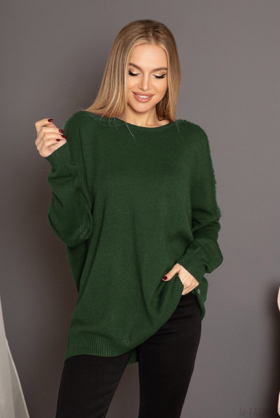 Ангоровый свободный свитер цвета хаки с вставками- Фото 2