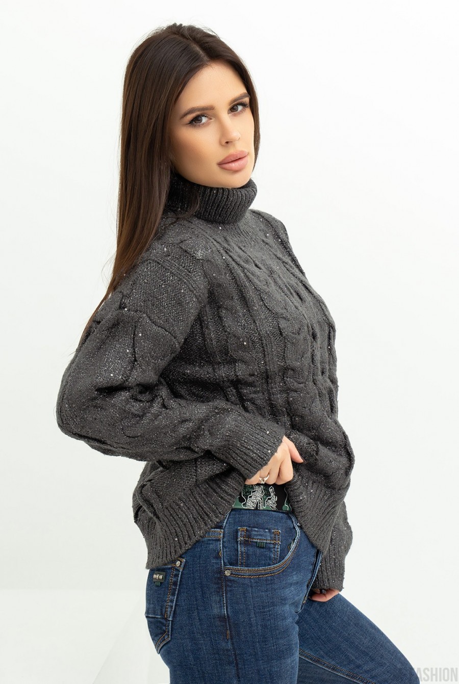 Черный вязаный свитер с люрексом и пайетками- Фото 2