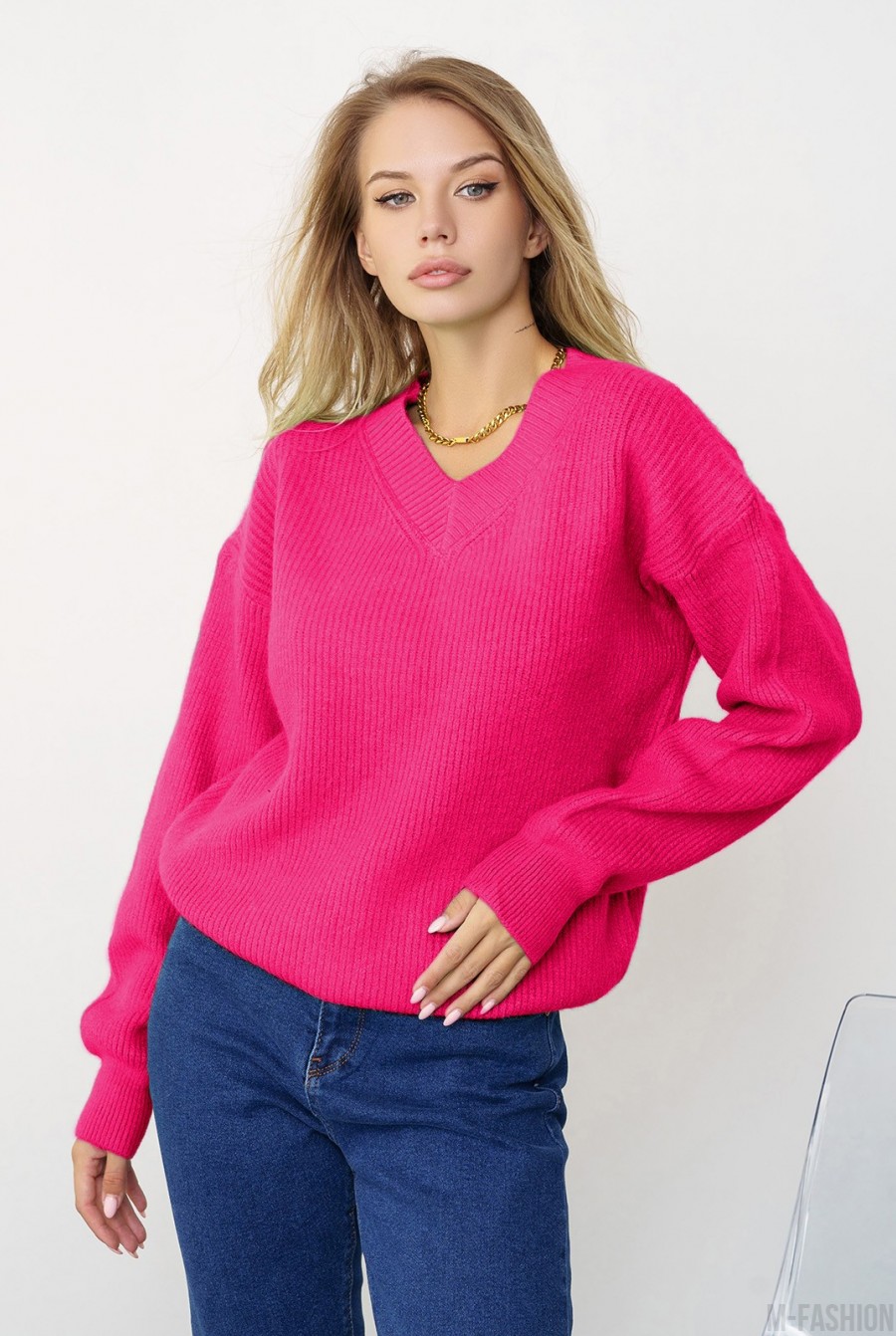 Малиновый шерстяной вязаный пуловер - Фото 1