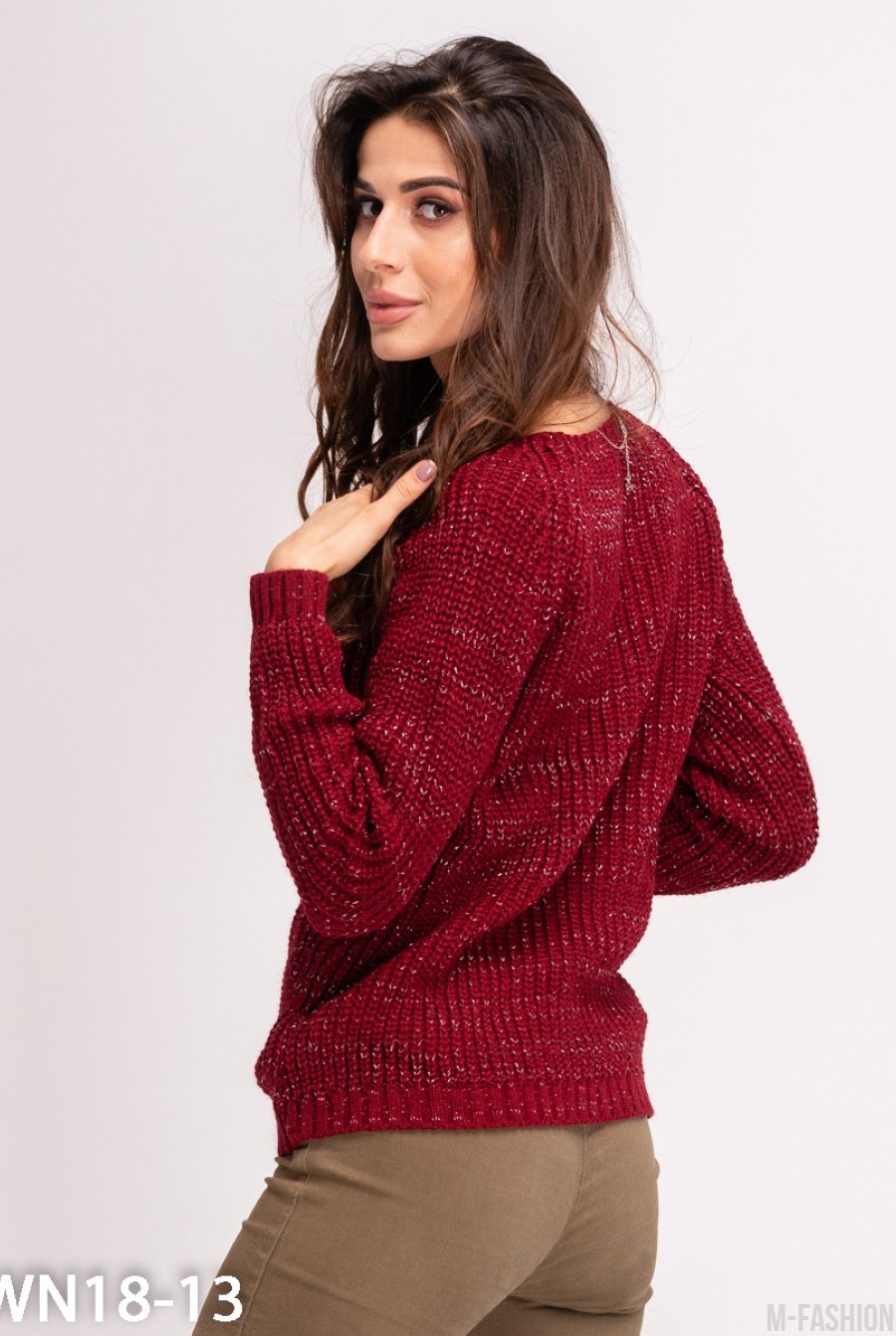Бордовый свитер объемной вязки с люрексом- Фото 3