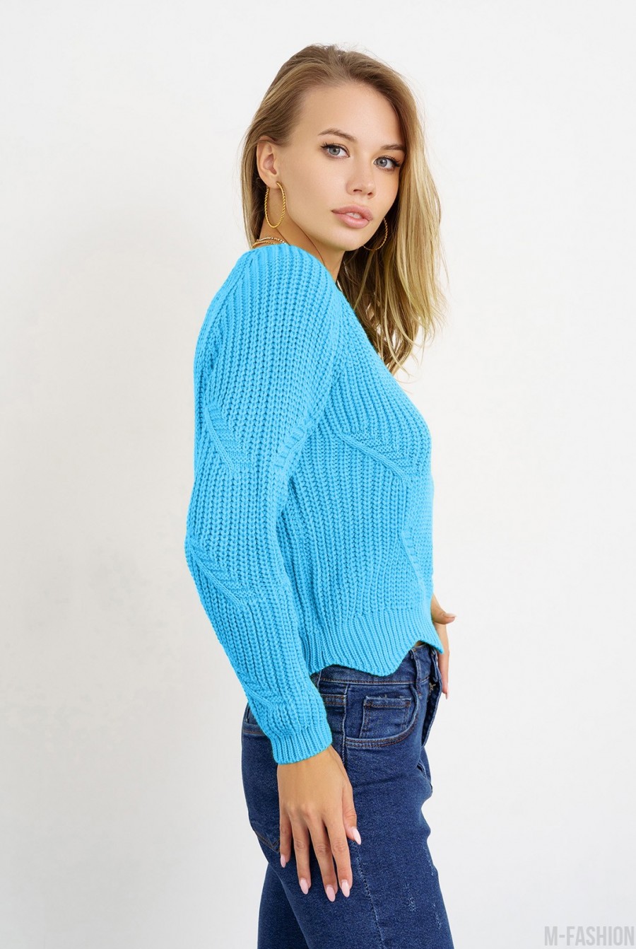 Синий вязаный свитер с фигурным низом- Фото 2