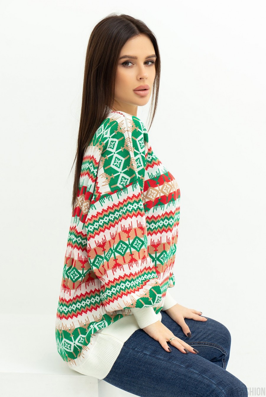 Молочный удлиненный свитер с орнаментом- Фото 3