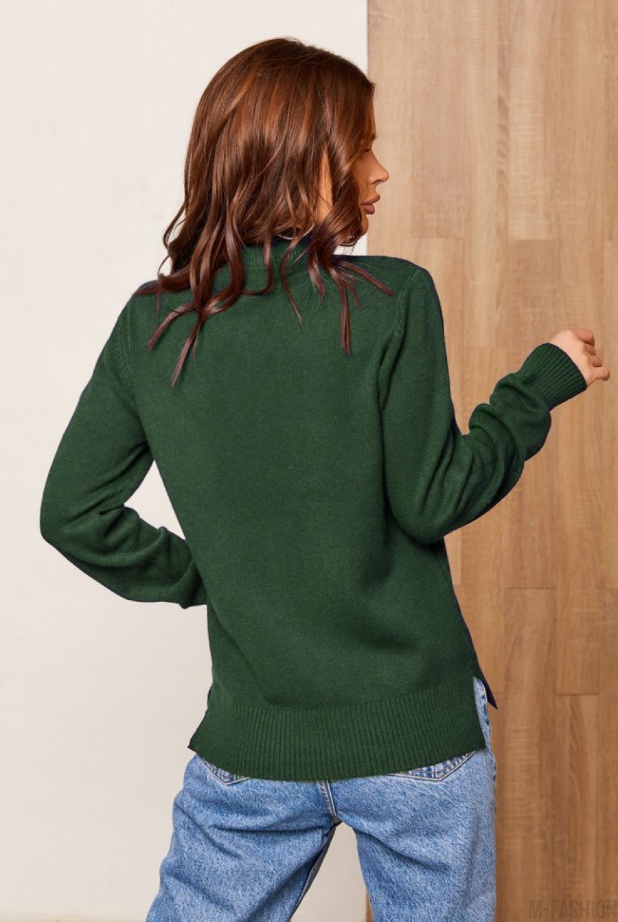 Ангоровый свитер цвета хаки с накладным карманом- Фото 3