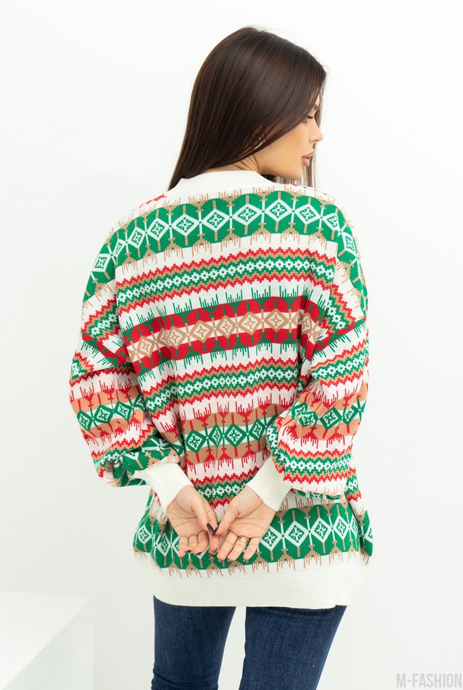 Молочный удлиненный свитер с орнаментом- Фото 2